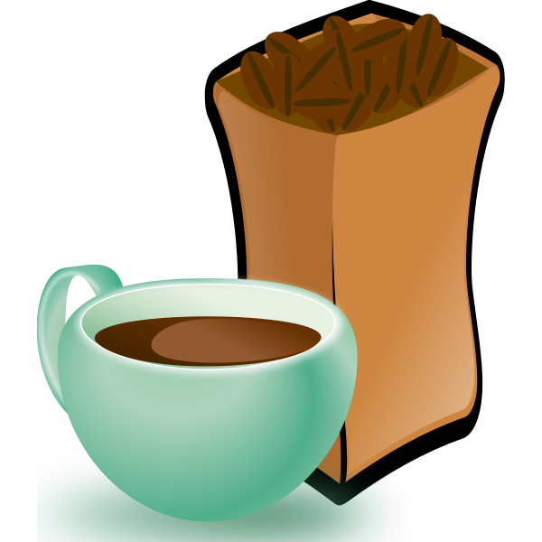Vector image of green cup of coffee with sack of coffee beans