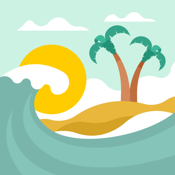 Tropical Beach Landscape with Ocean Wave and Palms