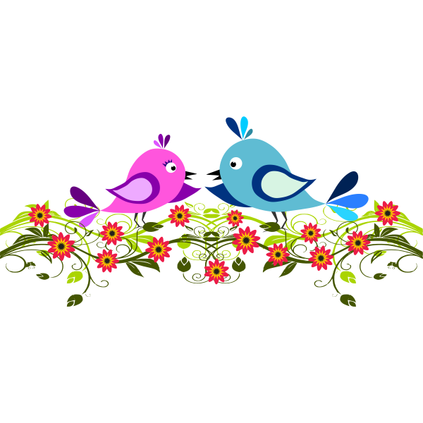 Image of two cute birds winging among flowers