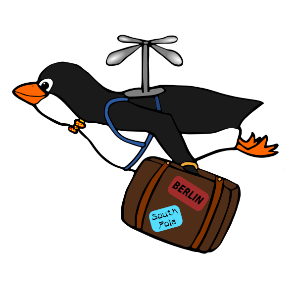 Penguin flying with a suitcase illustration