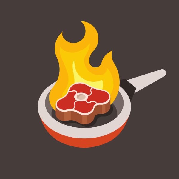 Steak Cooking in Frying Pan with Flames