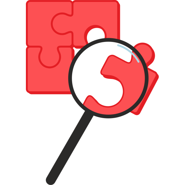 Vector drawing of red puzzle enlarged with magnifying glass