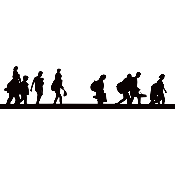 Silhouette of refugees fleeing from the war