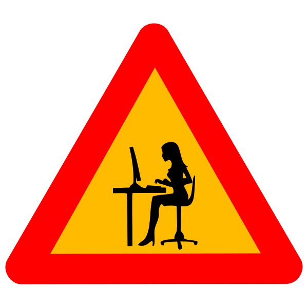 Vector graphics of woman at computer warning road sign