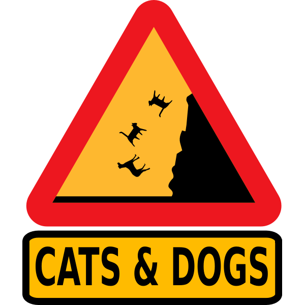 Vector illustration of falling cats and dogs warning road sign