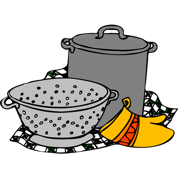 Vector illustration of cooking pot, siv and glove