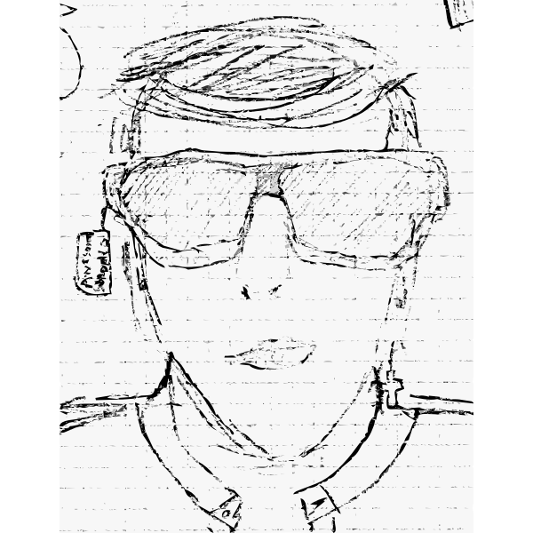 Pencil drawing of a guy trying on sunglasses