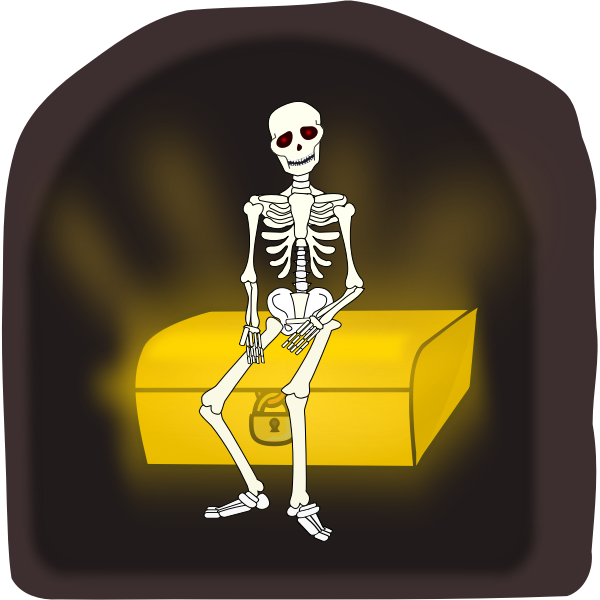 Skeleton sitting on treasure chest vector illustration