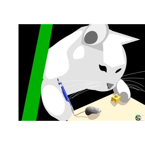 Vector drawing of cat playing with mouse and cheese