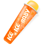 Vector drawing of yellow shaded popsicle in orange packaging with the words: "ice ice baby" on it.