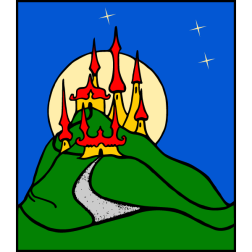 A magical castle on top of a hill, visible only during the full moon