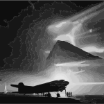 Douglas DC 3 of BOAC at Gibraltar silhouetted by searchlights on the Rock 2016122143