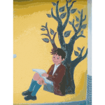 Boy reading a book mural vector drawing