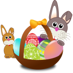 Baby rabbit and a bunny behind Easter egg basket vector illustration