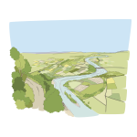 Drawing of river flowing through green fields