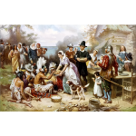 Clip art of pilgrims and Native Americans celebrating Thanksgiving together