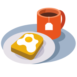 Breakfast meal with tea and eggs