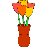 brown vase of multicolored tulips
