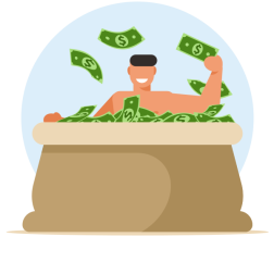 Man Swimming in a Bag of Money