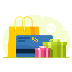 Shopping bag, credit card and gift boxes