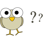 Vector drawing of funny grey cartoon bird with big eyes and some question marks