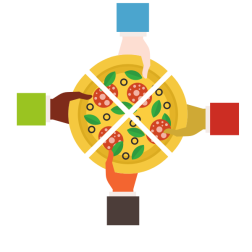 Hands reaching for pizza slices