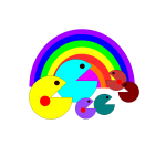 Pacman family in front of a rainbow vector clip art