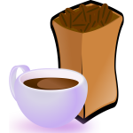 Vector image of purple cup of coffee with sack of coffee beans