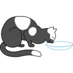 Spotty cat drinking milk from pot vector illustration