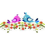 Image of two cute birds winging among flowers