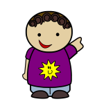 Pointing boy with sunny purple T-shirt