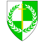 Green and white shield with a wreath