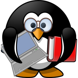Penguin with textbook and laptop