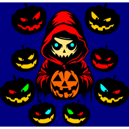 Pumpkins with faces and a boy in a monster costume