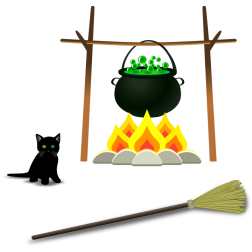 Black cat and cauldron