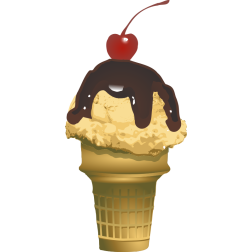 Ice cream cone with fudge and cherry