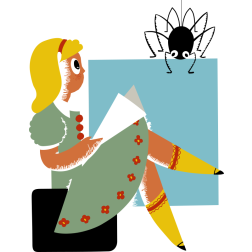 Girl reading with a spider