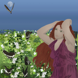 Woman in a Meadow with Butterflies at Night