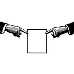 Two hands point at the blank frame